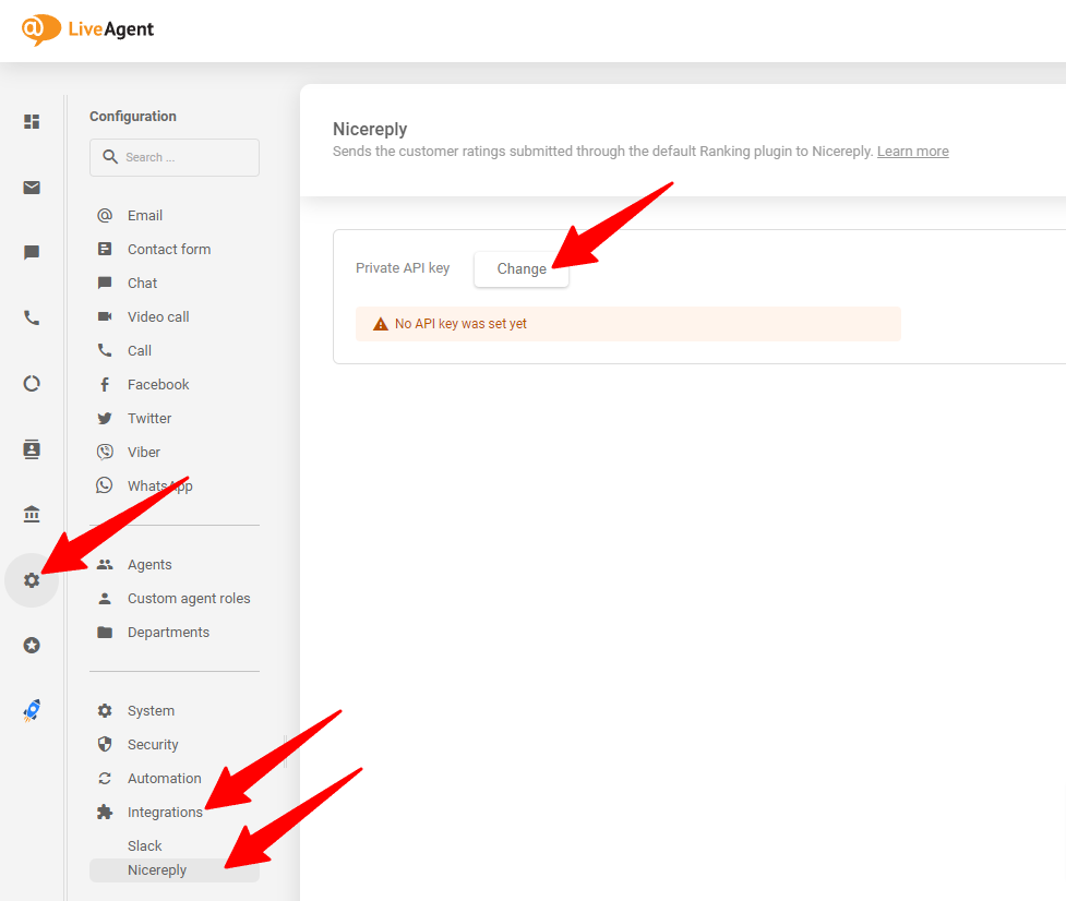 Billedet viser, hvor man skal placere den genererede API-nøgle på din LiveAgent-konto