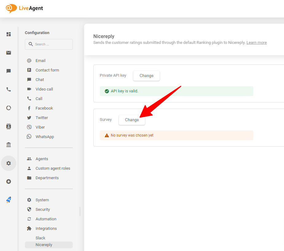 Vælg den Nicereply-undersøgelse, du ønsker, efter at have indsat API-nøglen på din LiveAgent
