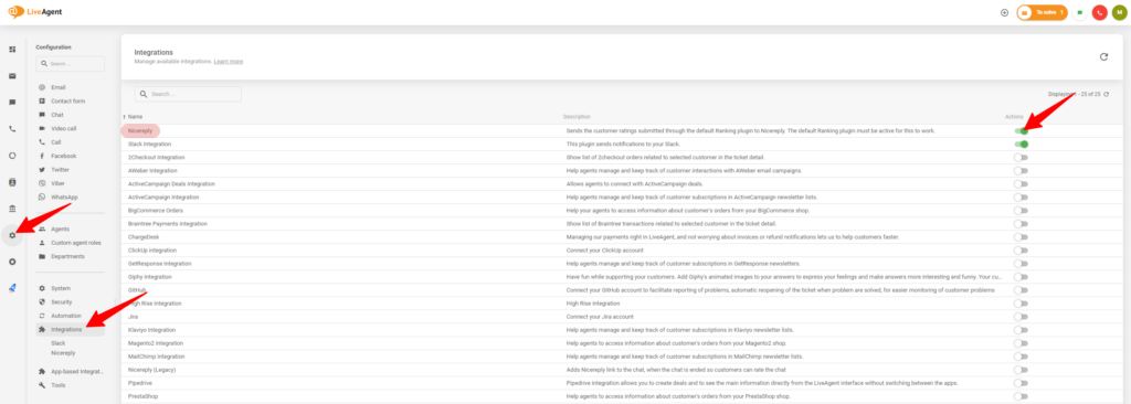 Processen med at aktivere integrationen med Nicereply i LiveAgent-indstillingerne