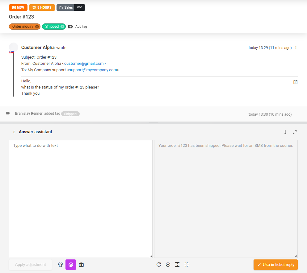 AI Answer Assistant-værktøj i brug til et billetsvar