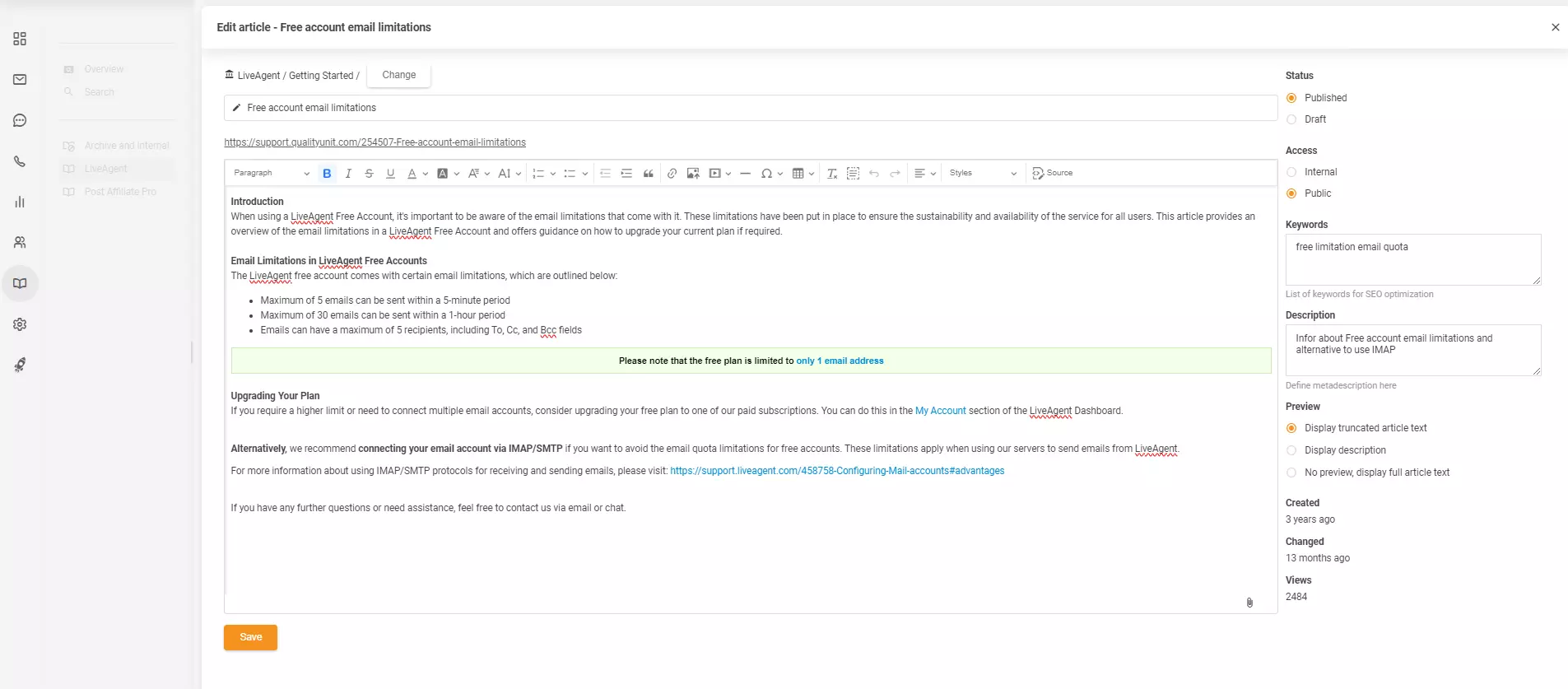 Artikeleditoren i LiveAgent