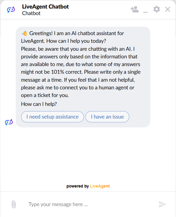 LiveAgent chatvindue med en AI-chatbot-hilsen og to trykbare svarknapper til opsætningshjælp og rapportering af et problem