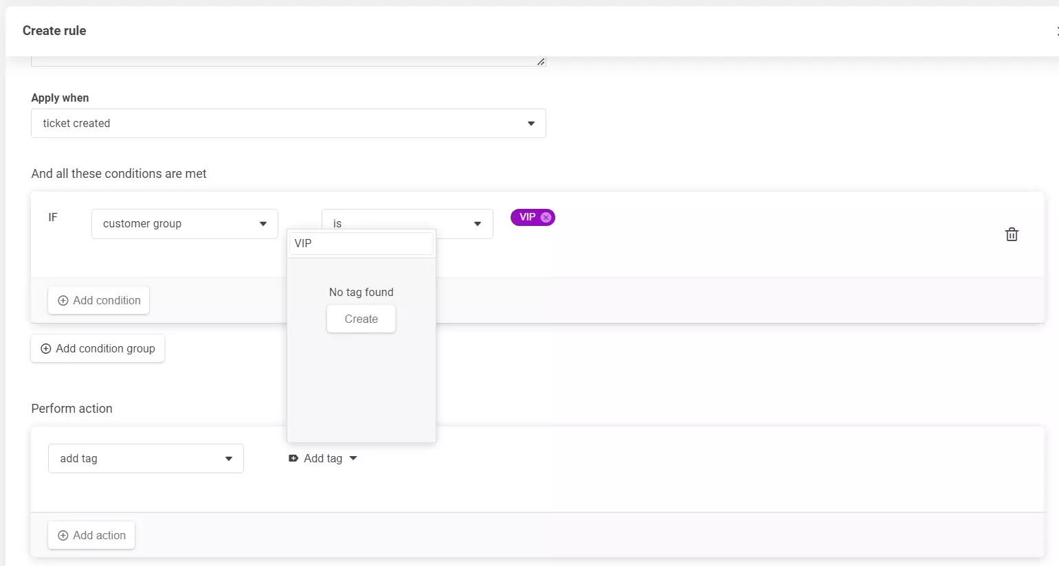 Et skærmbillede af opret regel-sektionen, der viser, hvordan du tilføjer et nyt mærkat.