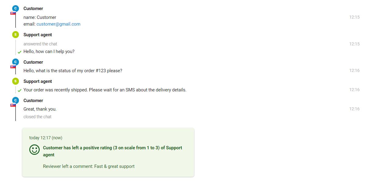 Billedet viser interaktionen mellem en kunde og en supportagent, hvor agenten kan se vurderingen ved slutningen af beskeden