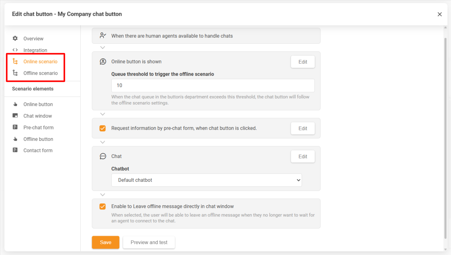LiveAgent chat-knap konfigurationsvindue viser online- og offline-scenarier