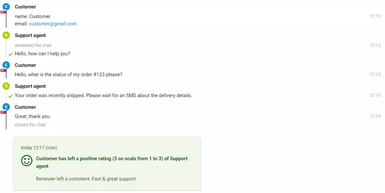 Et billede af en chat med en kunde, der efterlod en positiv vurdering.