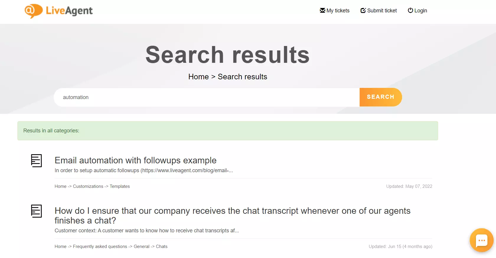 LiveAgent knowledge base søgefunktion