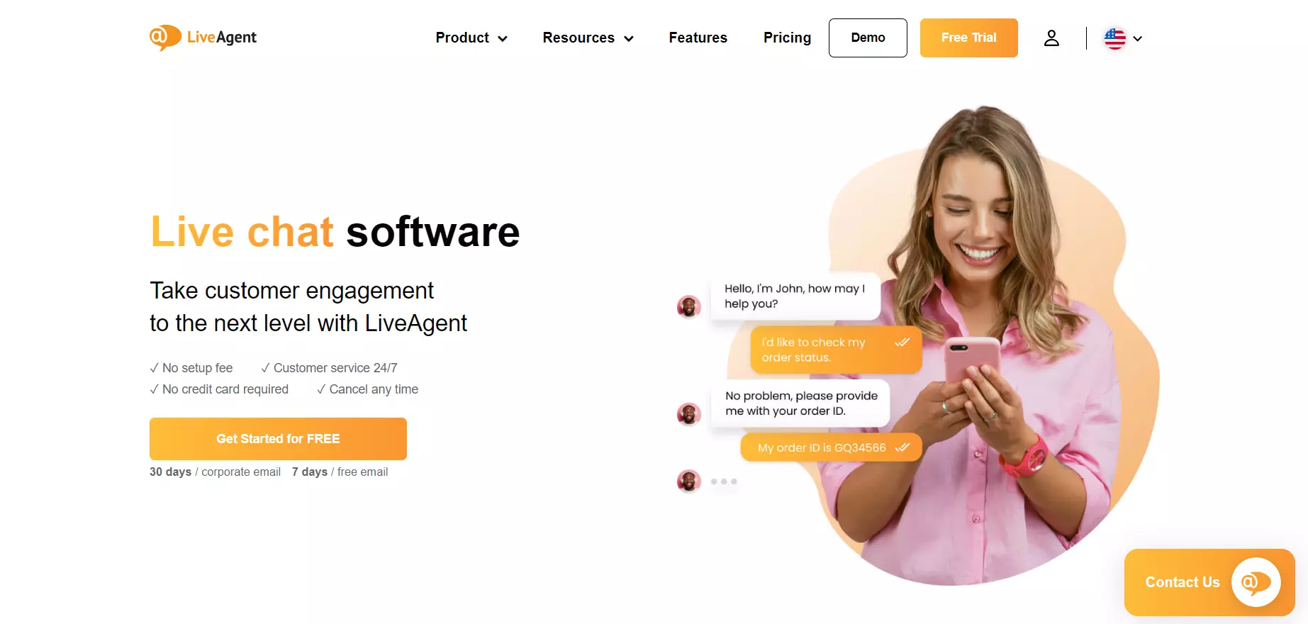 Skærmbillede af LiveAgent-hjemmeside, live chat-software til virkelige forbindelser