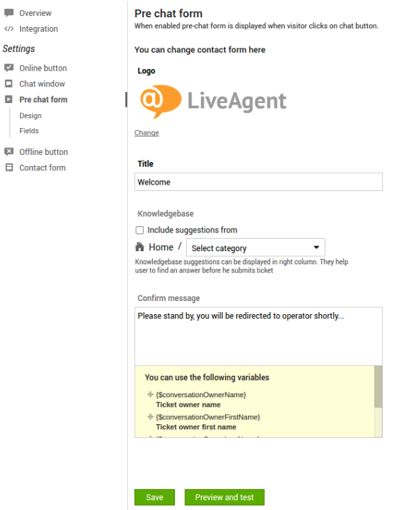 Billede, der viser oversigten over pre-chat i LiveAgent live chat-software.