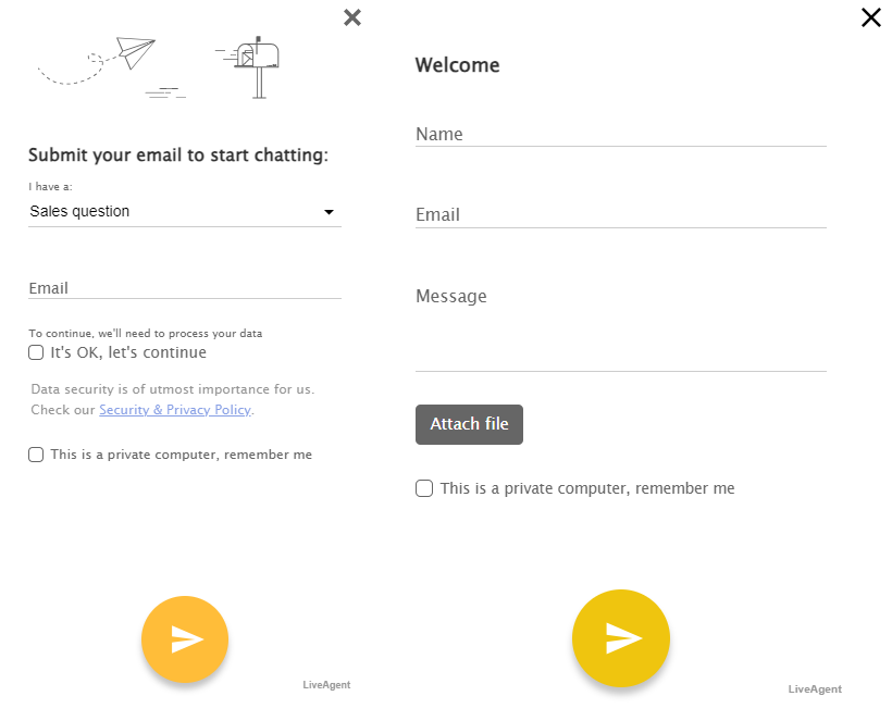 Pre-chat-undersøgelsesvindue, der viser, hvilken type oplysninger der kan anmodes.