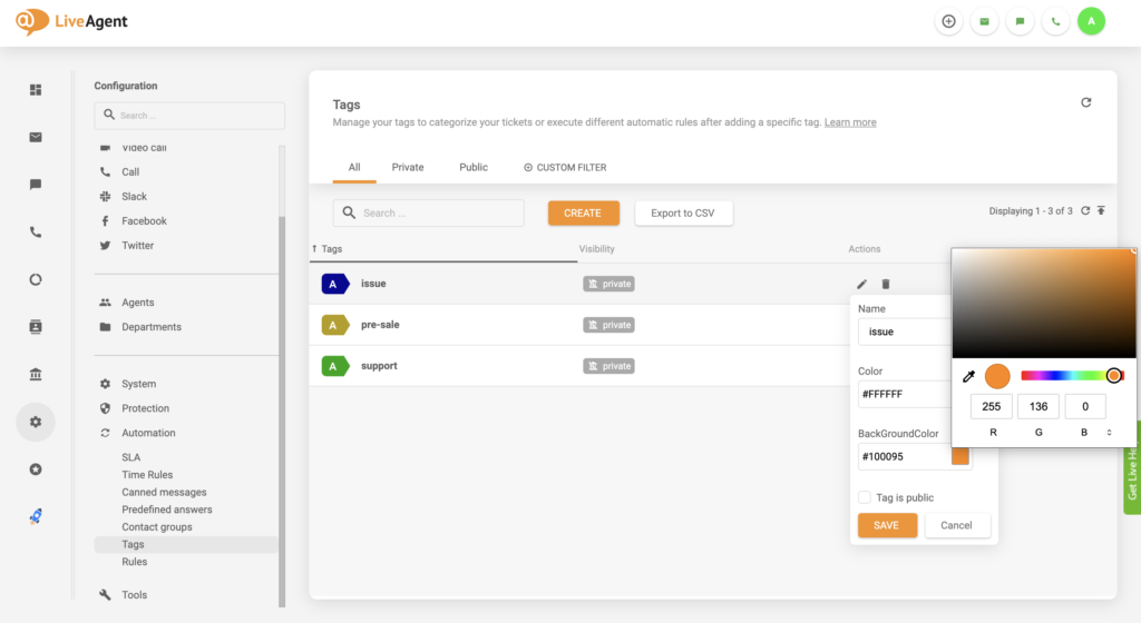Opdatering af indstilling for mærkefarveændring i LiveAgent