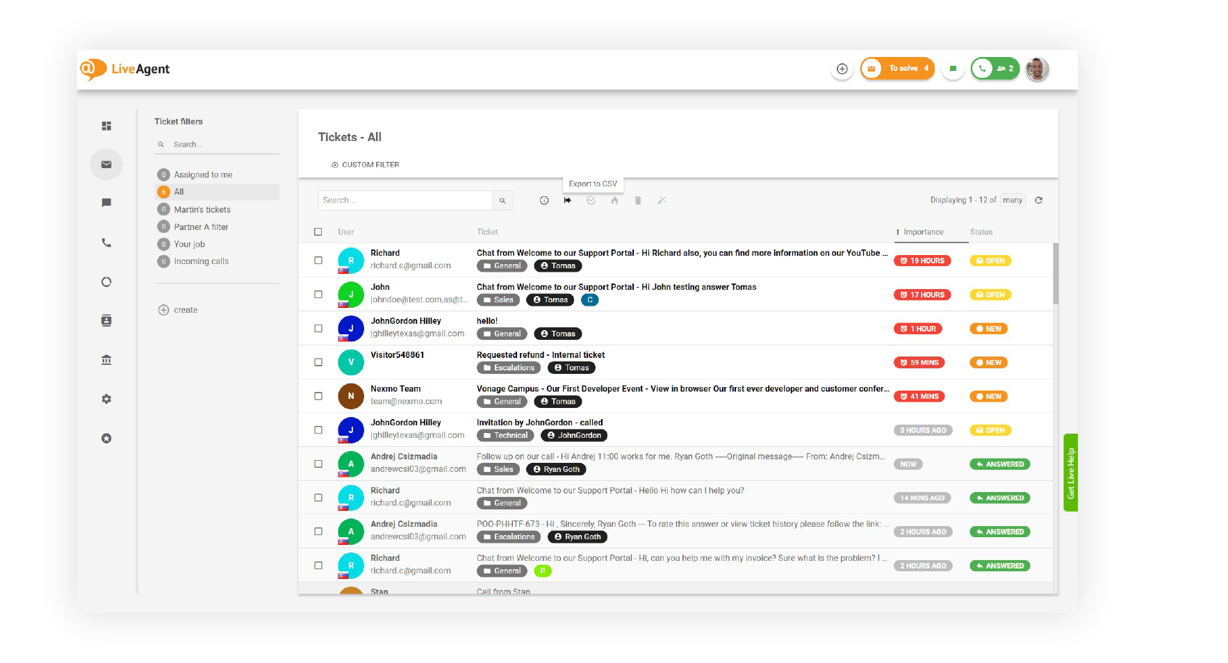 LiveAgent universel indbakke med e-mail-, chat- og opkaldsbilletter i én kø