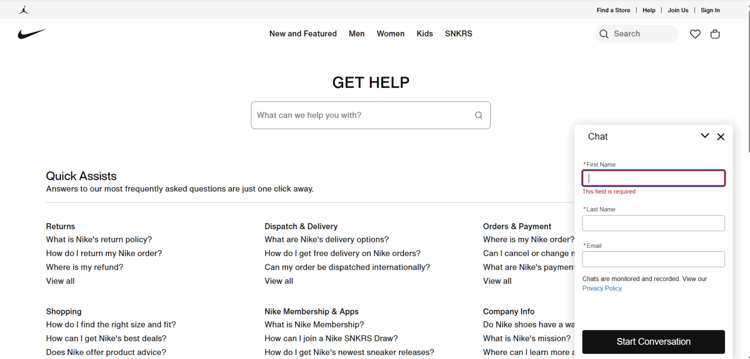 AI Chatbot på Nikes websted