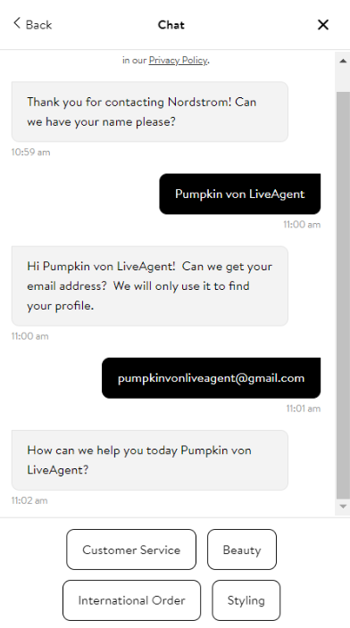 Nordstrom chatbot-funktion