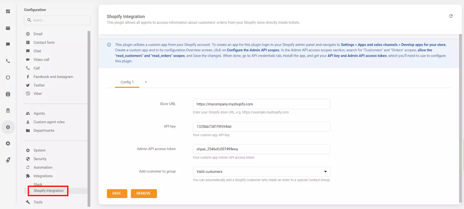 Placering af API-nøglen og API-adgangstoken i LiveAgent-konfigurationssektionen