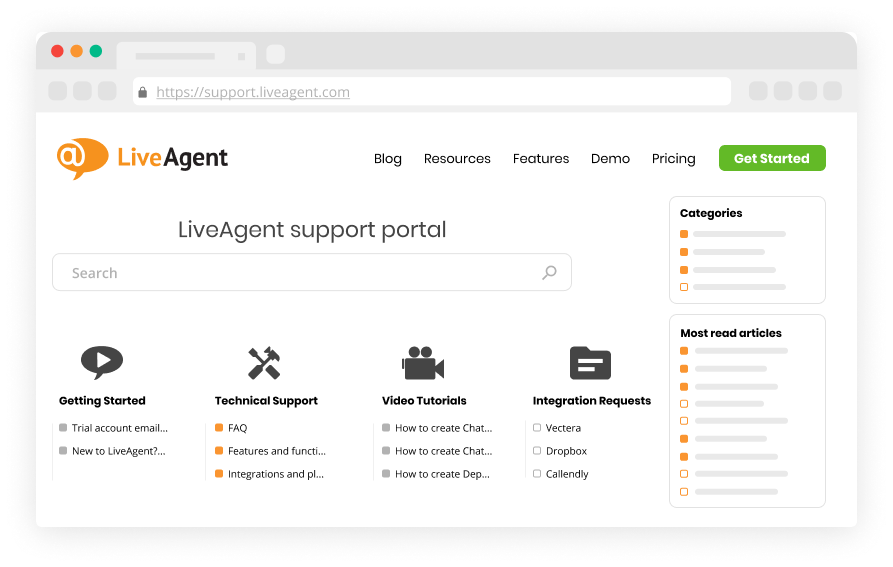 LiveAgent vidensbase og supportportal indeholdende ofte stillede spørgsmål, produktguider, videotutorials og trin-for-trin-manualer.