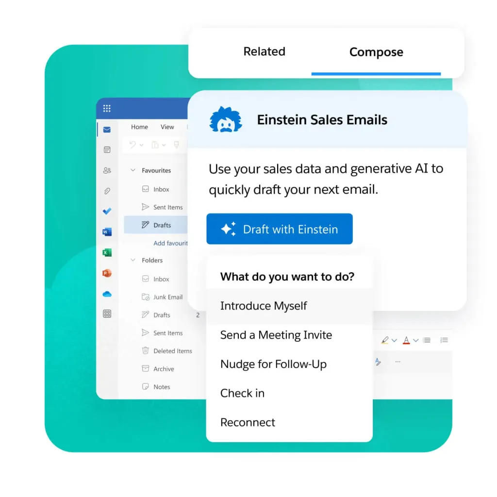 Salesforce Einstein Sales Emails-grænseflade, der viser AI-drevne e-mail-kladde-muligheder.