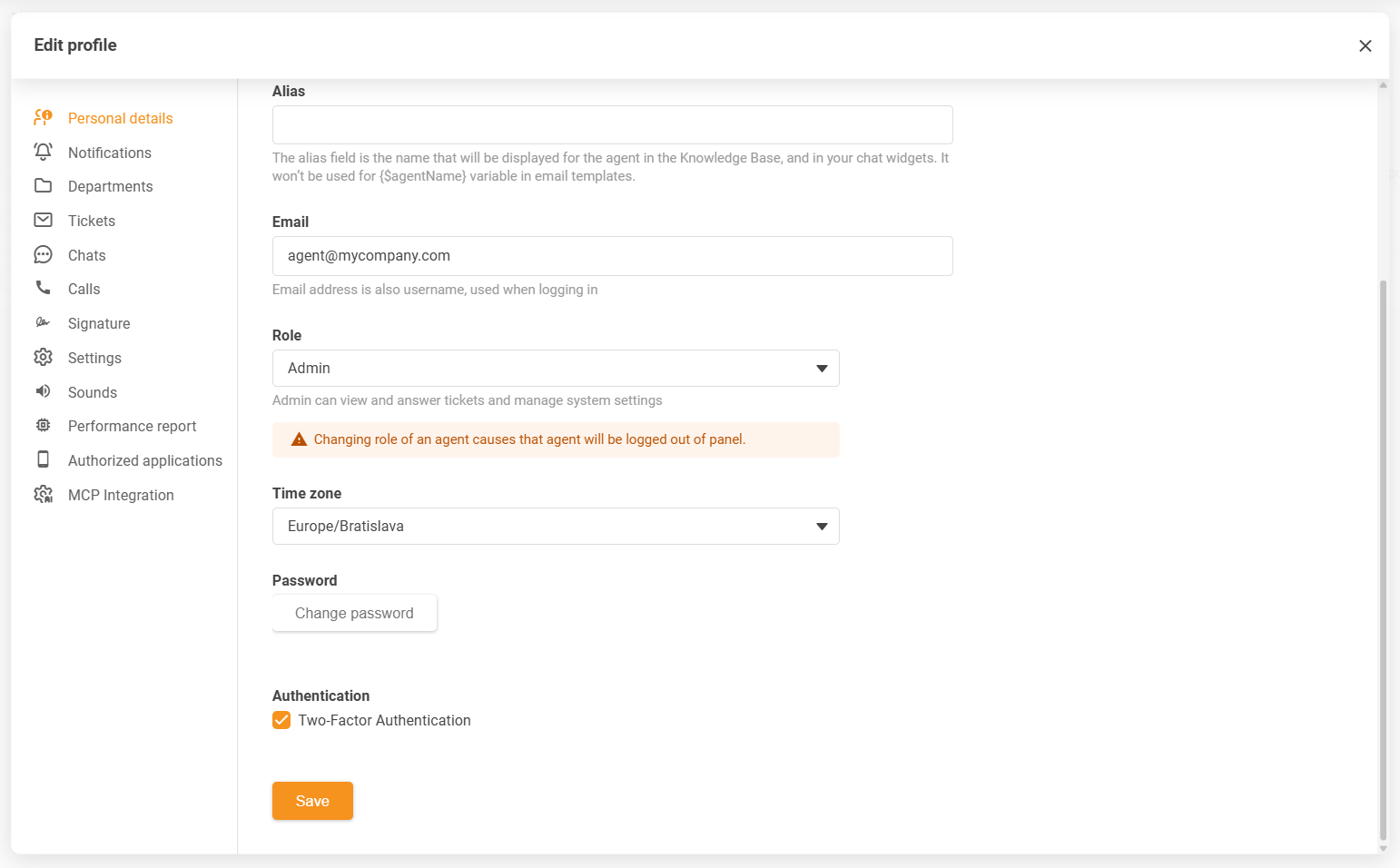 LiveAgent agentprofilindstillinger for tidszone