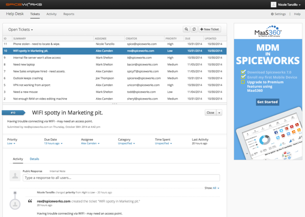 Spiceworks Cloud Help Desk billetsliste med brugerportalindsendelser