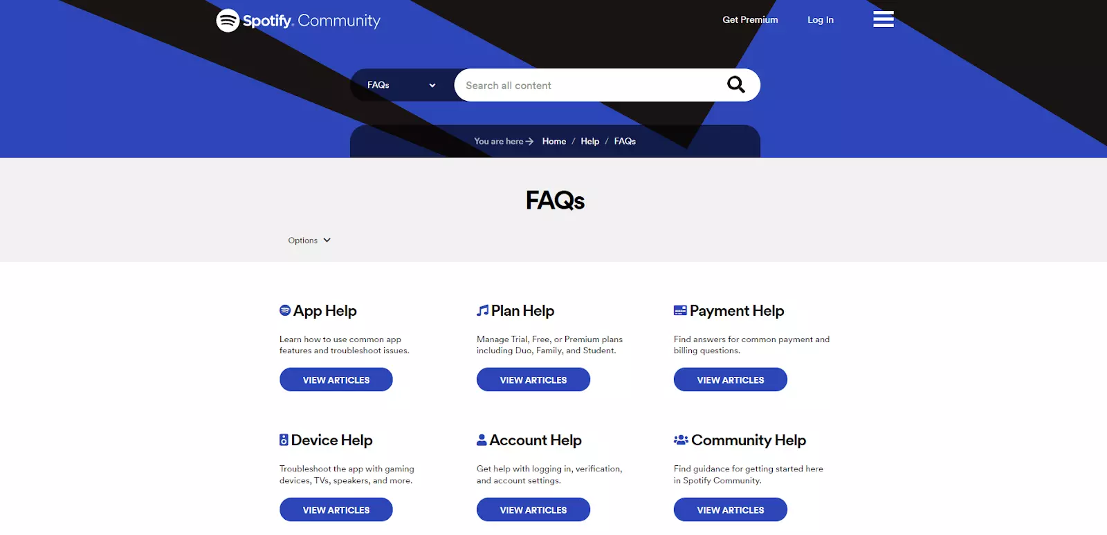 Spotify ofte stillede spørgsmål-side