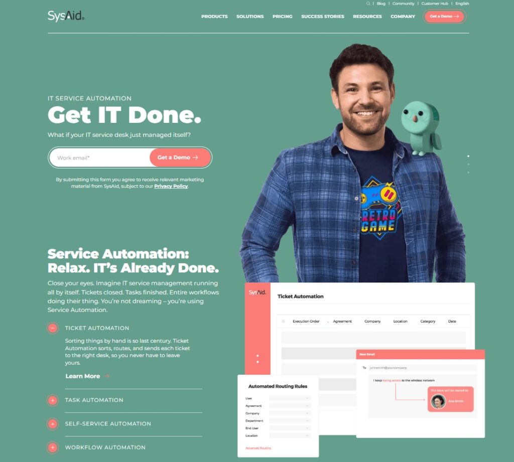 Billede af SysAids hjemmeside - all-in-one servicestyrings-software til IT-professionelle