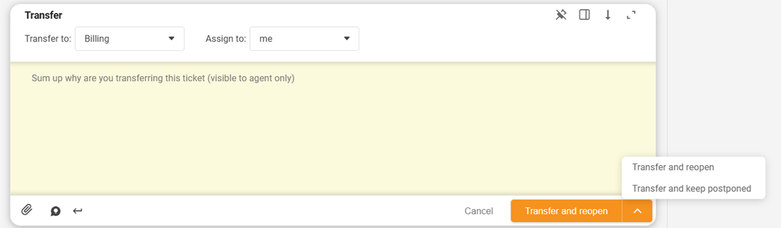 LiveAgent dialog til billetoverførsel med ny udvidelig genåbn/udsæt-knap