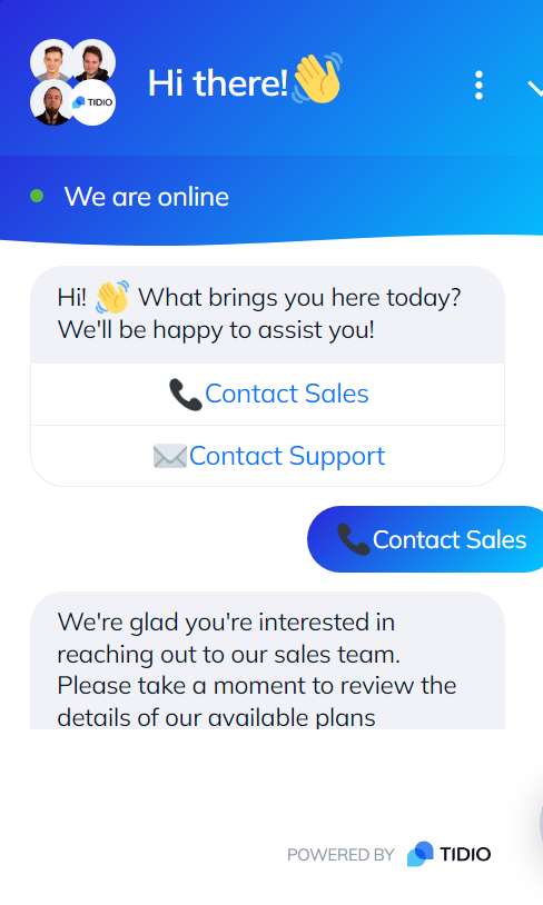 Billede af live chat-samtale mellem Tidios chatbot og en kunde