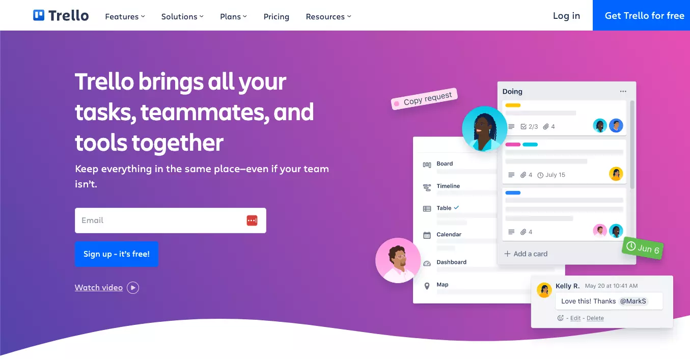 Trello's hjemmeside - hold dit arbejde organiseret og spor individuelle opgaver fra én platform.