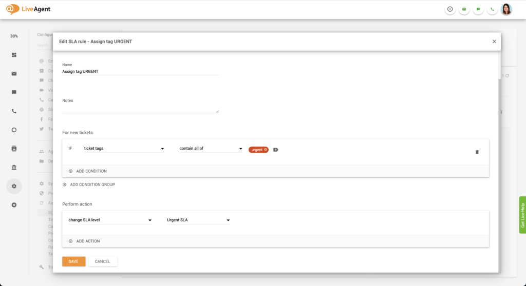 Oprettelse af presserende SLA-regel i LiveAgent