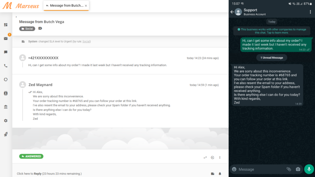 WhatsApp message shown as a ticket in LiveAgent