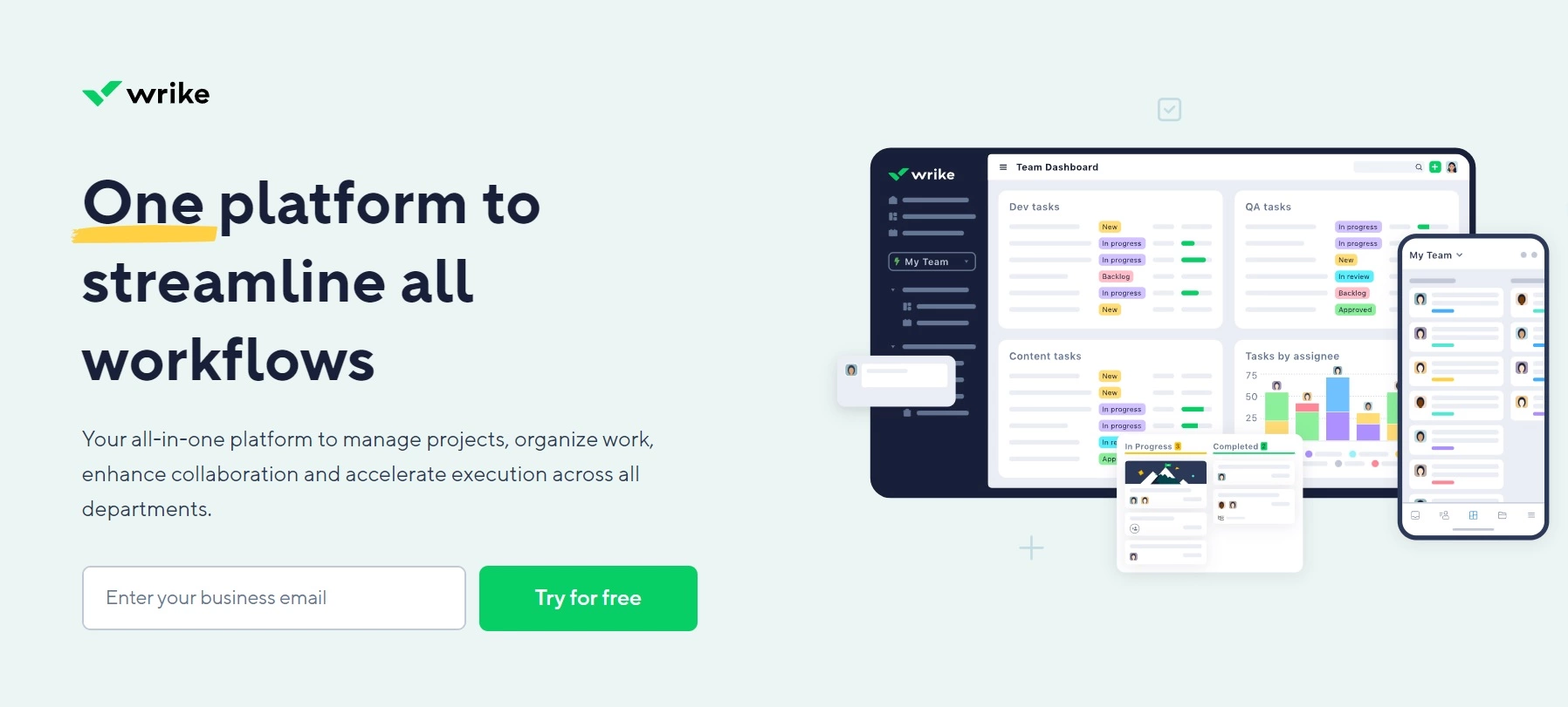 Wrike's hjemmeside - en alt-i-en platform til at administrere projekter, organisere arbejde og forbedre samarbejdet på tværs af afdelinger.