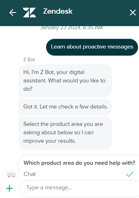 Billede viser, hvordan Zendeks live chat-samtale ser ud