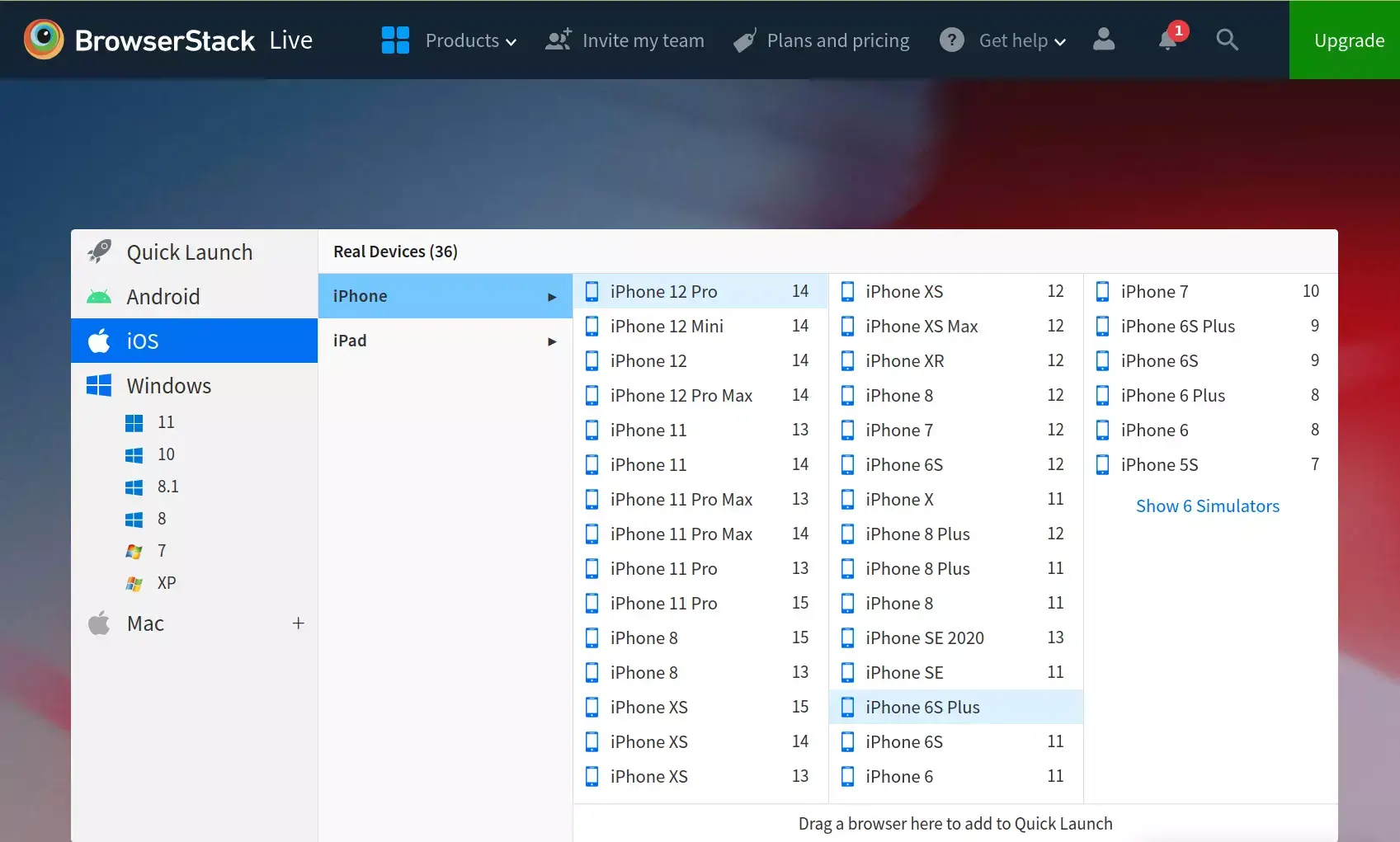 BrowserStack simulerer mange mobile platforme og operativsystemversioner