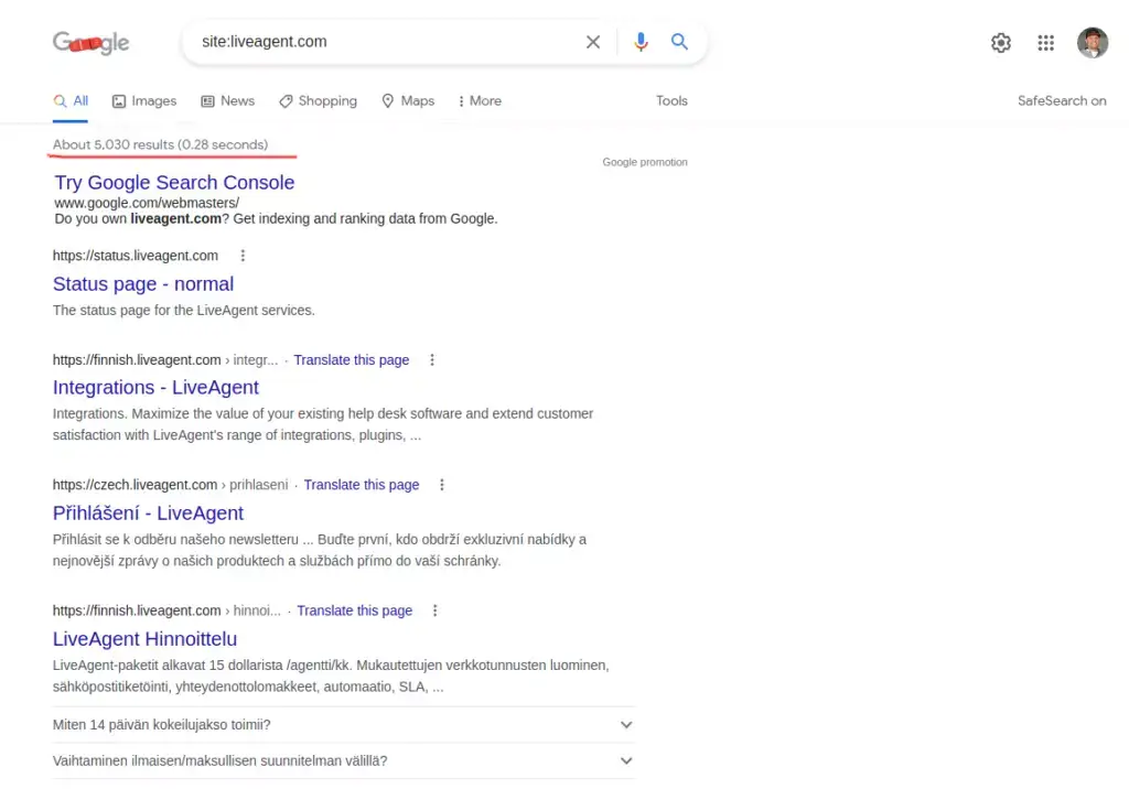 Identificer sider indekseret af Google Search