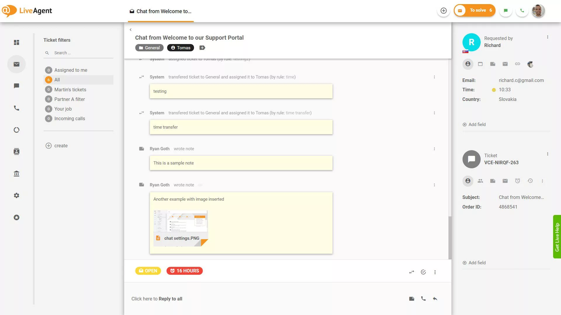 Noter inde i sagen i LiveAgent