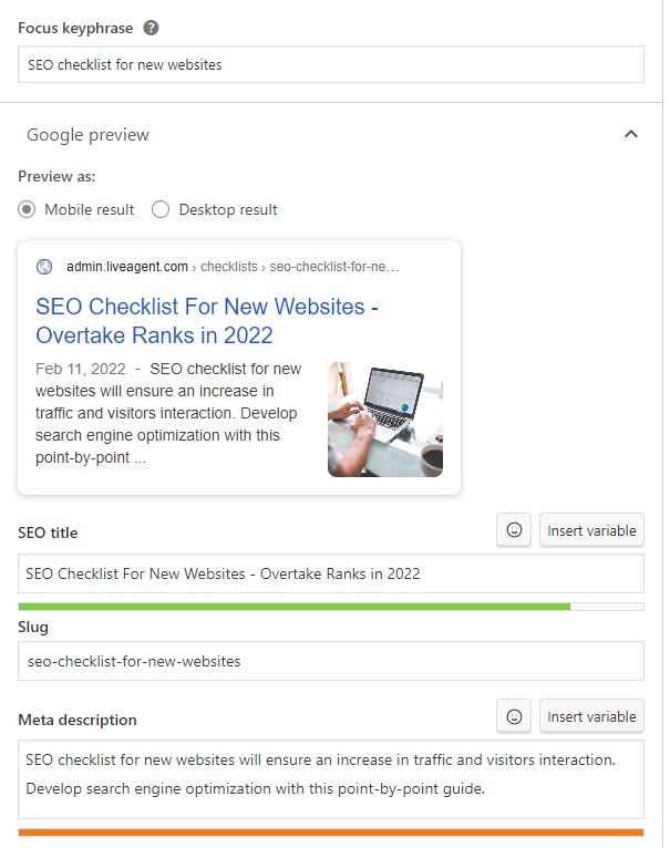 LiveAgent - eksempel på keyphrase, SEO-titel og meta-beskrivelse