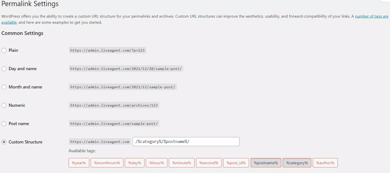 Eksempel på Permalink-indstillinger
