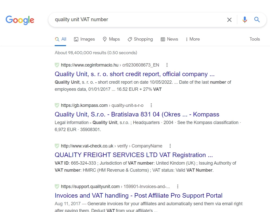 Quality Unit momsregistreringsnummer Google-søgning