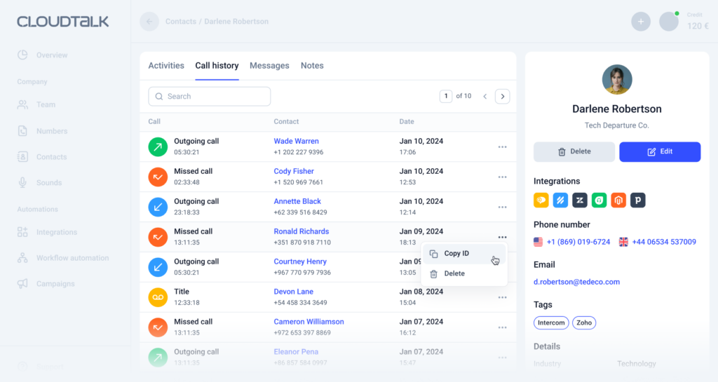 CloudTalk brugerinterface