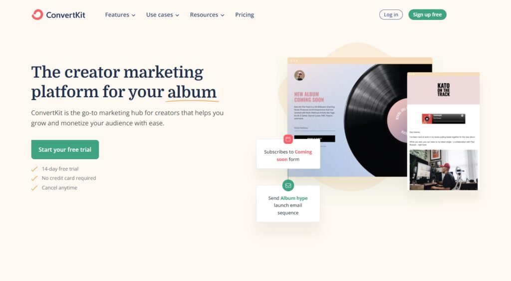 ConvertKit home page, email management software for creators