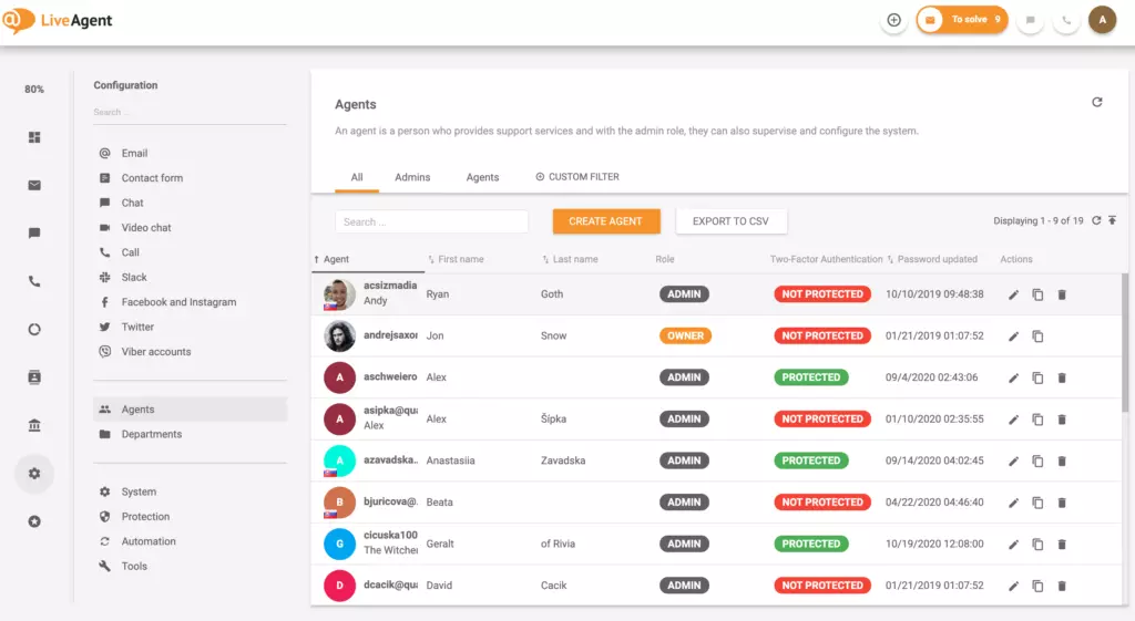 LiveAgent – Agenter (eksempel)
