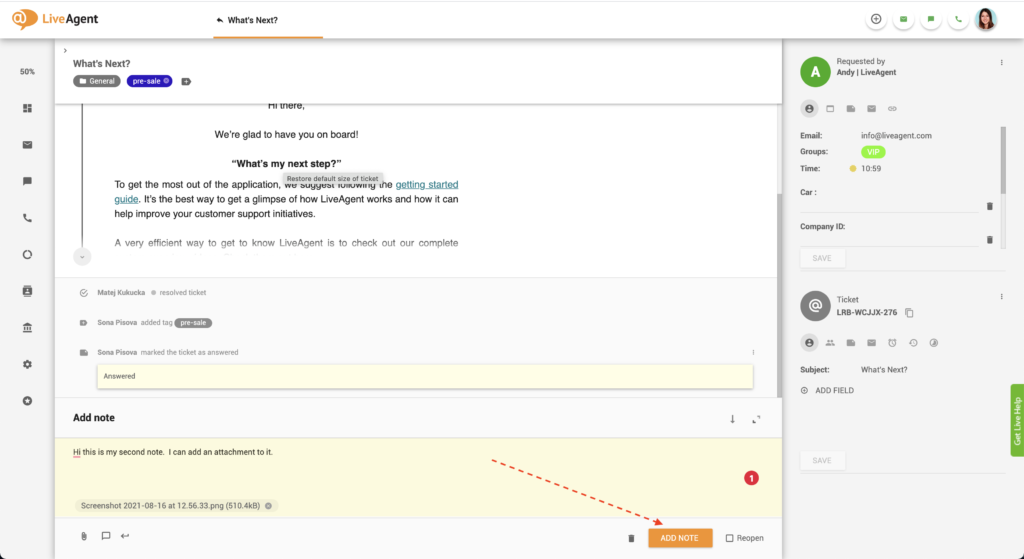 Screenshot showing how to add internal notes in LiveAgent ticketing system