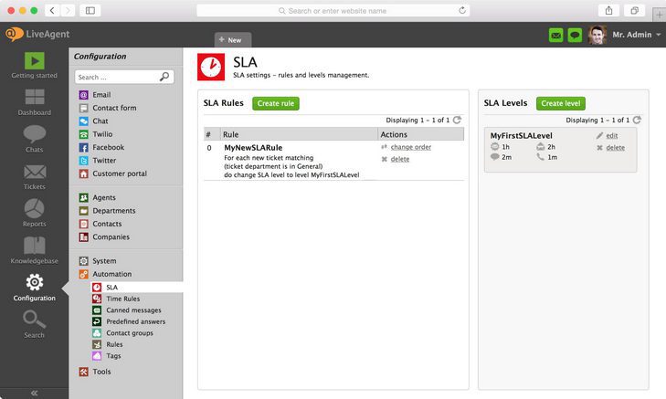 Billede viser, hvor du finder SLA-indstillinger i LiveAgent