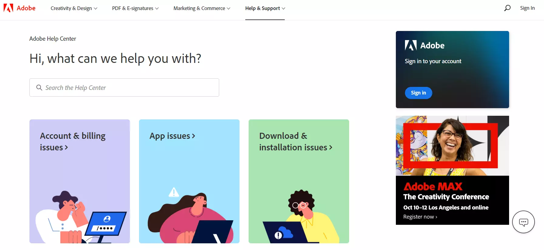 Adobes vidensbaselandingpage, der viser deres vidensstyringssystem.
