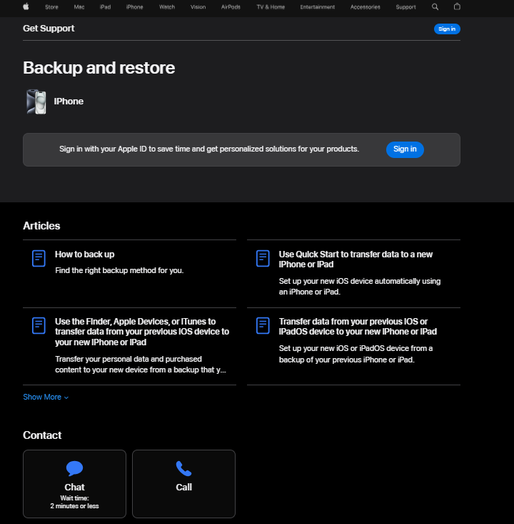 Apples supportside, der viser deres supportmuligheder