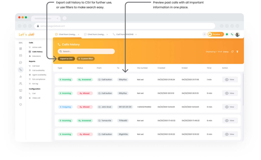 Opkaldshistorik-funktion i LiveAgent Call Center