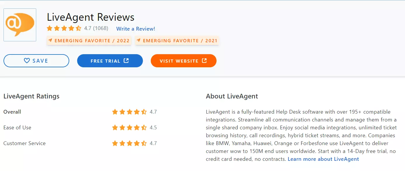 LiveAgent Capterra review 2022