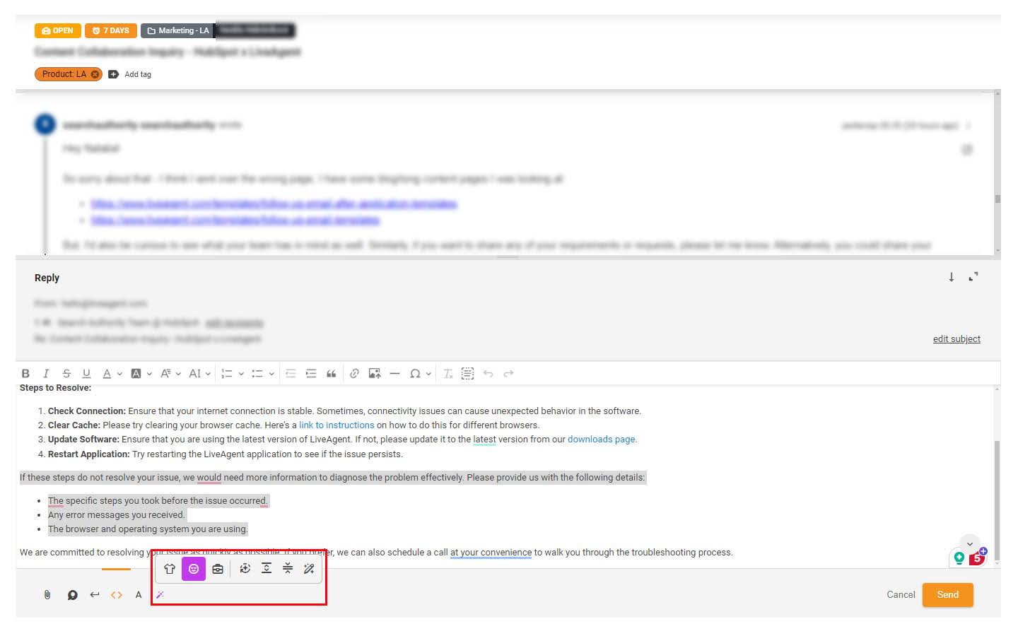 Billede af fremhævet AI Assistant-funktion i supportticket