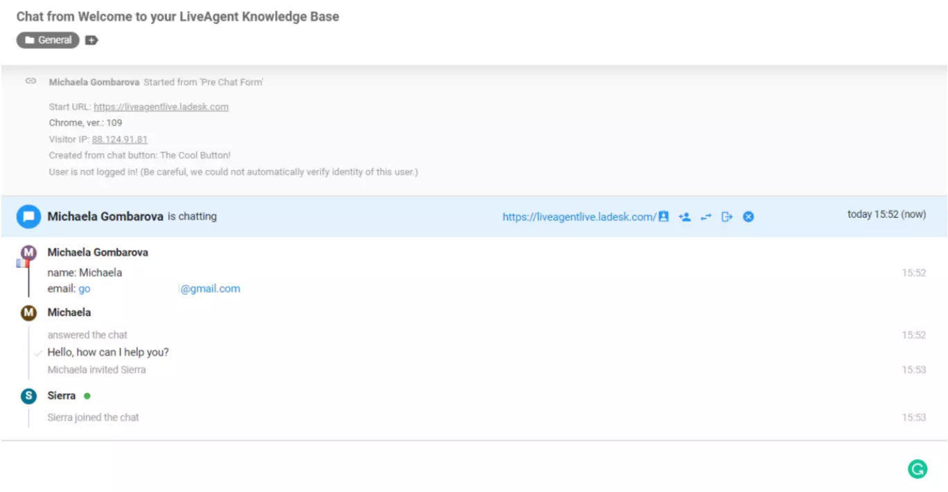 LiveAgent Agent tilsluttet chatten