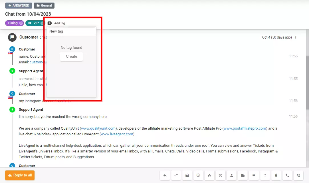 Billede viser, hvordan du opretter et nyt tag direkte inden for en billet